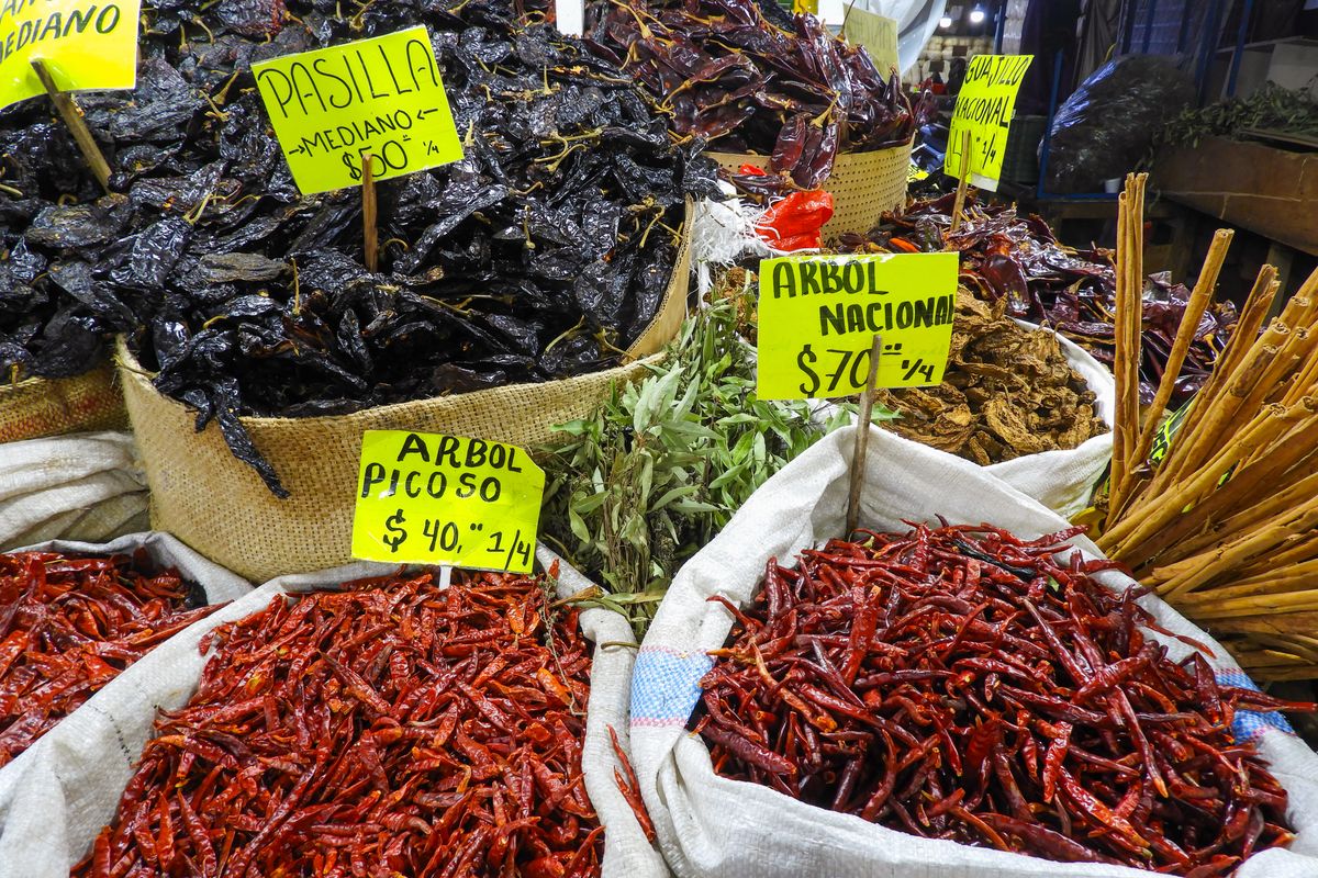 Dried chiles and spices in market sacks